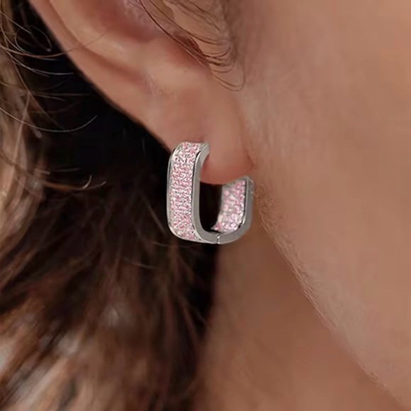 New Silver Pink Sapphire Rectangular Crystal Hoop Earrings - Picture 5 of 6